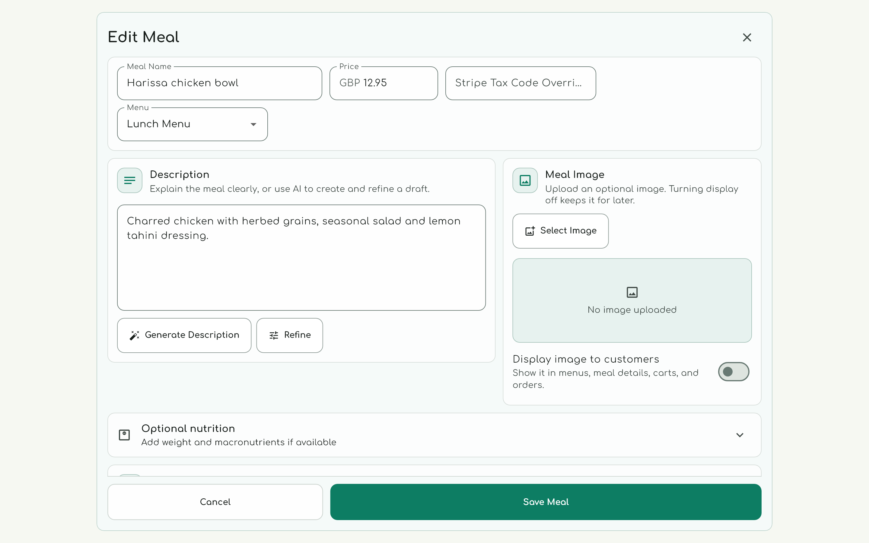 Actual NibbleKit meal editor with Generate Description, Refine, ingredients, meal options and image controls