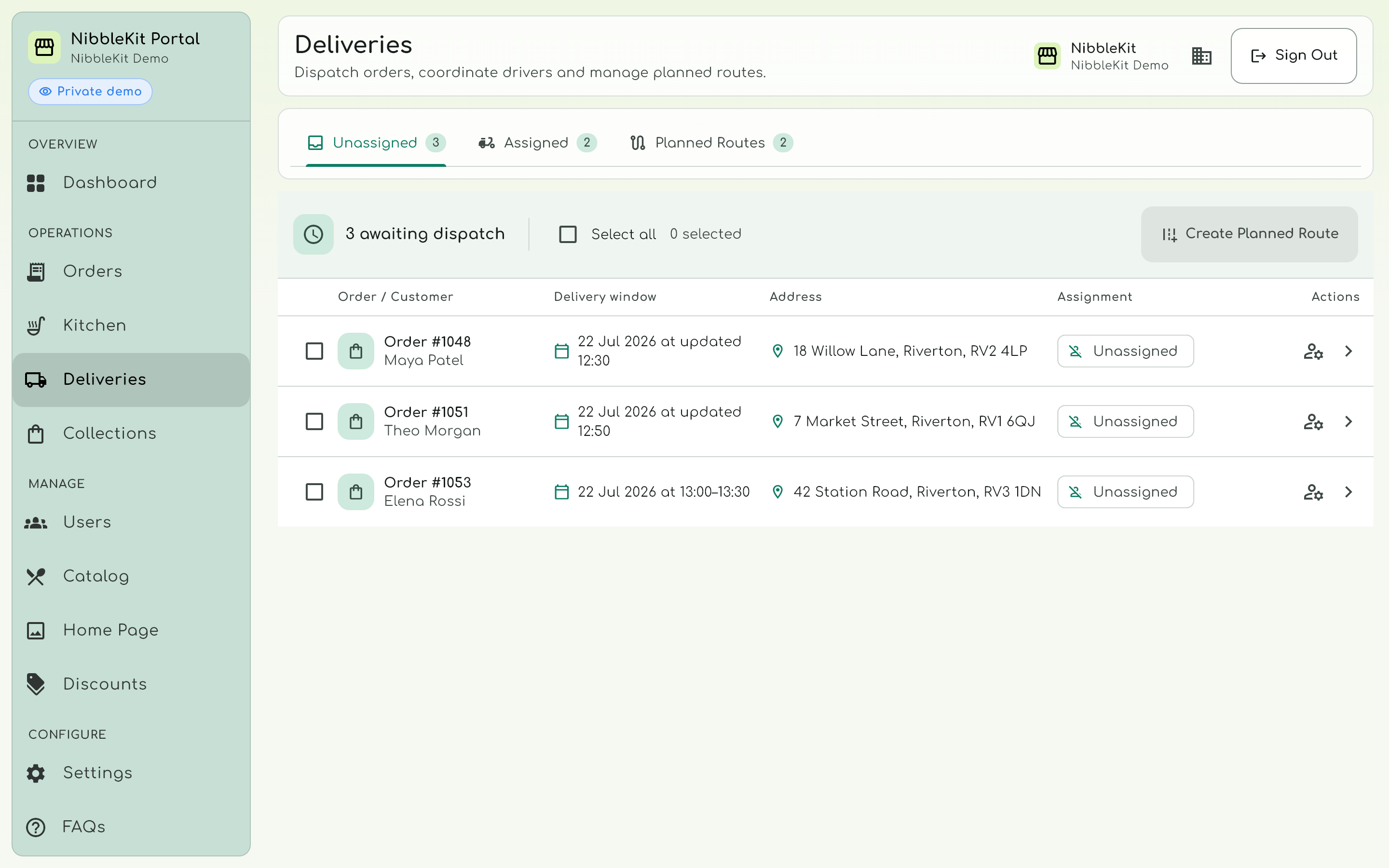 Actual NibbleKit deliveries screen with unassigned orders and Create Planned Route control