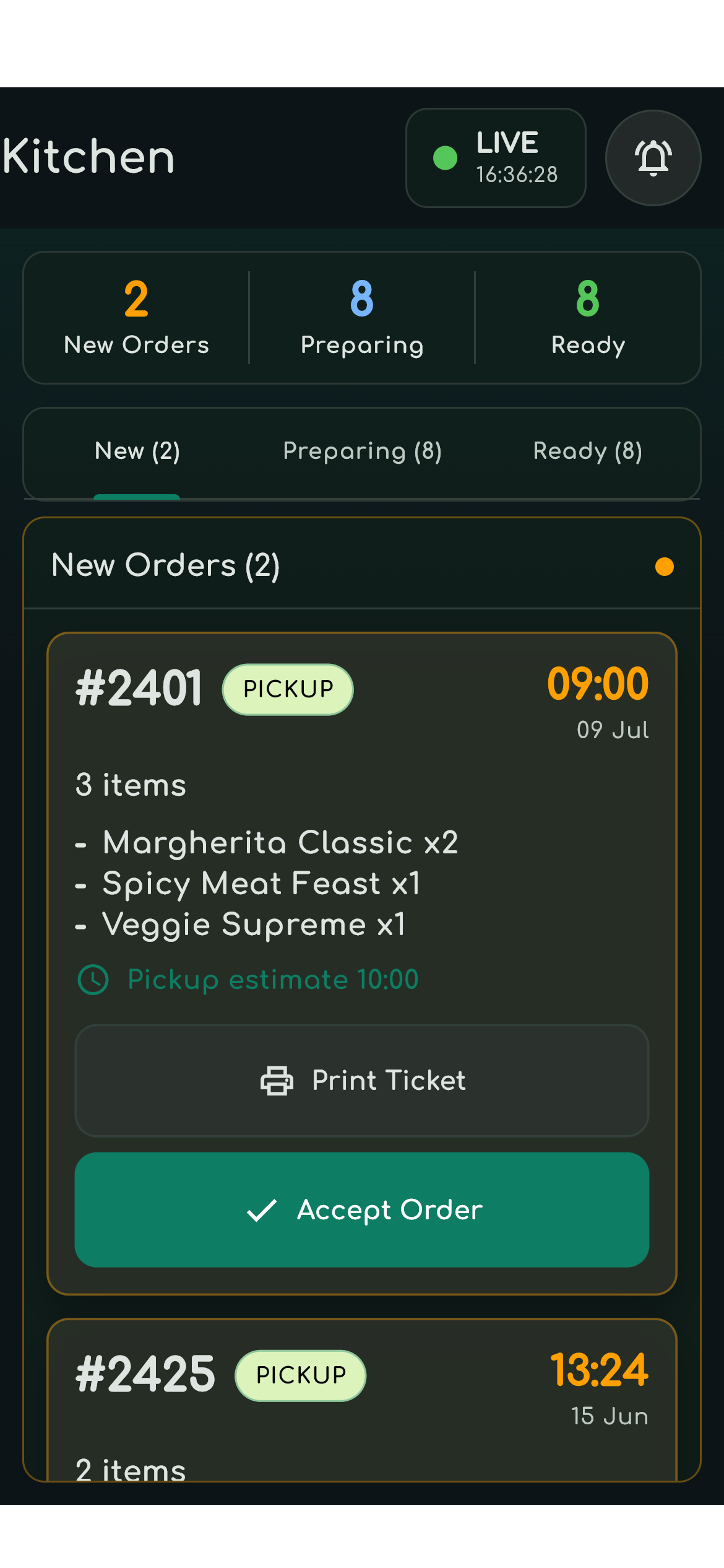 Actual NibbleKit kitchen screen showing order queues, Print Ticket and Accept Order controls
