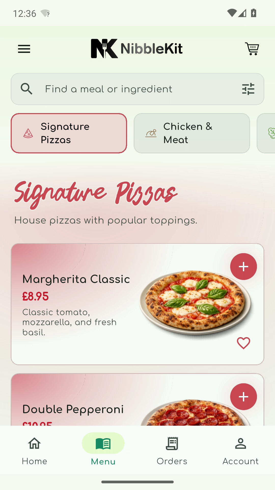 Actual NibbleKit customer menu showing pizza categories and meal cards